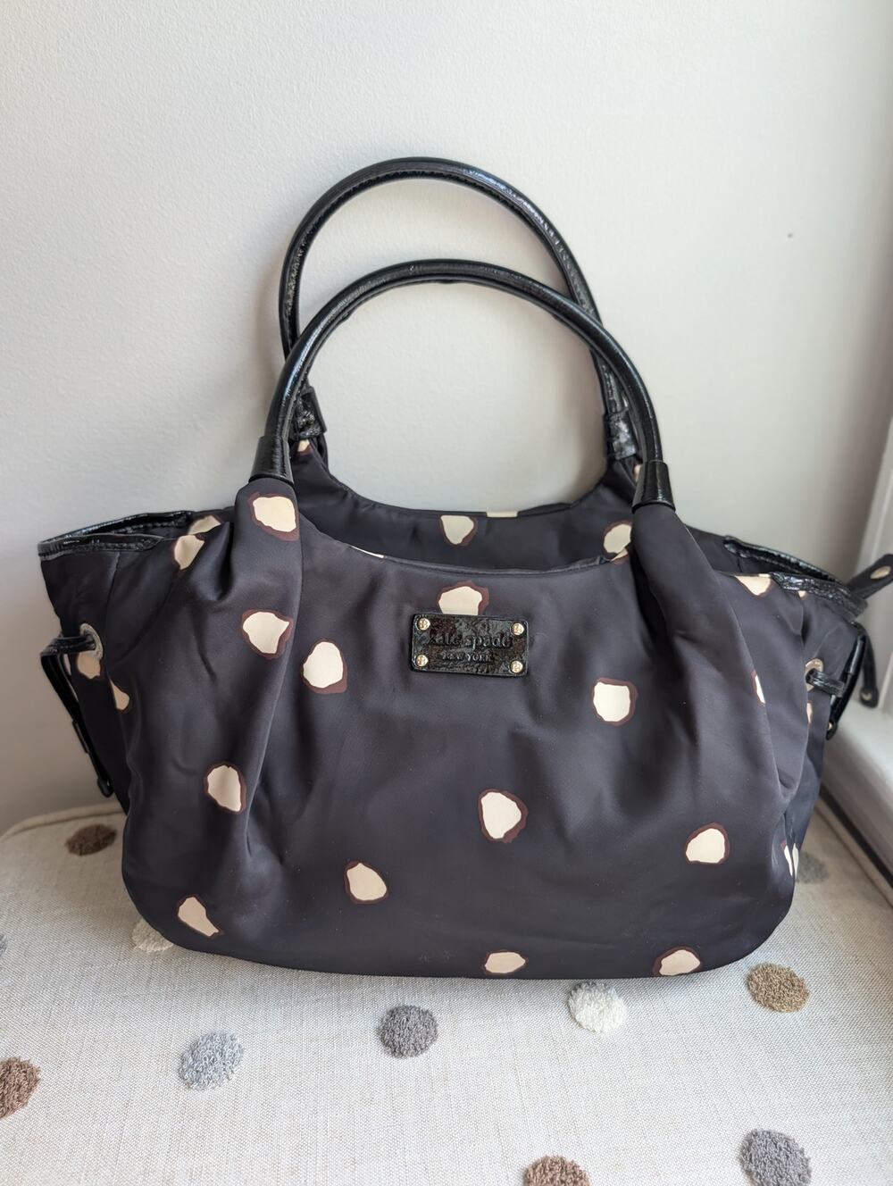 Kate Spade Black Nylon Dot-Print Satchel with Patent Trim
